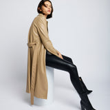 collared, knee-length, faux leather jacket with long sleeves, side pockets, waist tie in taupe