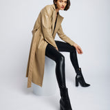 collared, knee-length, faux leather jacket with long sleeves, side pockets, waist tie and back vent