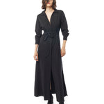 Long collared black dress with button down front, long cuffed sleeves and pockets. front view 3