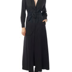 Long collared black dress with button down front, long cuffed sleeves and pockets. Front view 2