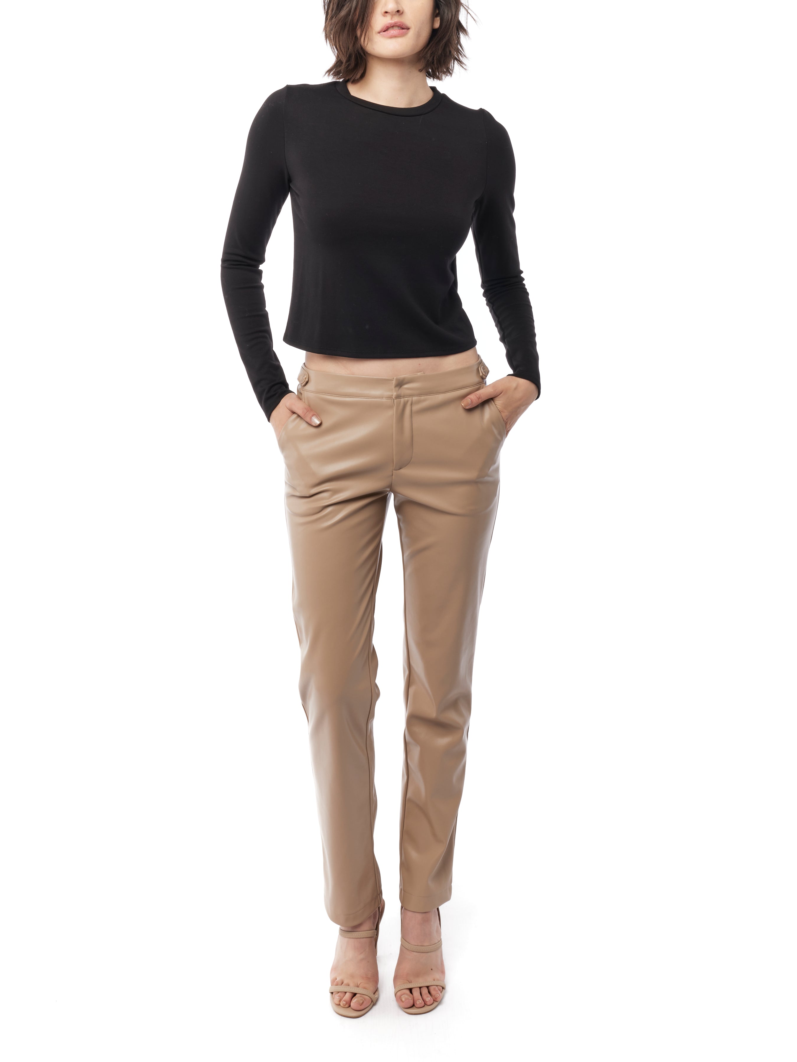 Chloe faux leather trousers with side button waist tabs and pockets in taupe