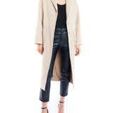 Clifton midi length jacket featuring hidden snap closure and large front pockets in taupe - front