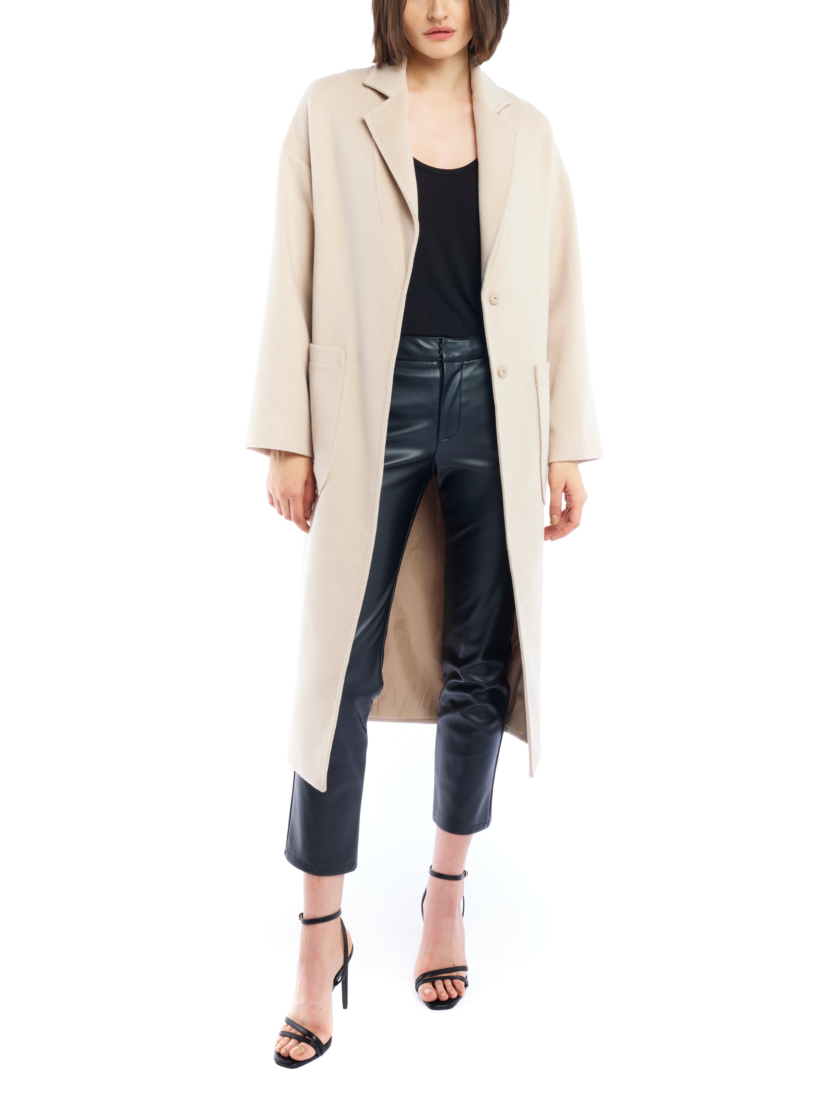 Clifton midi length jacket featuring hidden snap closure and large front pockets in taupe - front