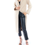 Clifton midi length jacket featuring hidden snap closure and front pockets in taupe