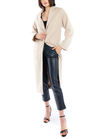 Clifton midi length jacket featuring hidden snap closure and front pockets in taupe