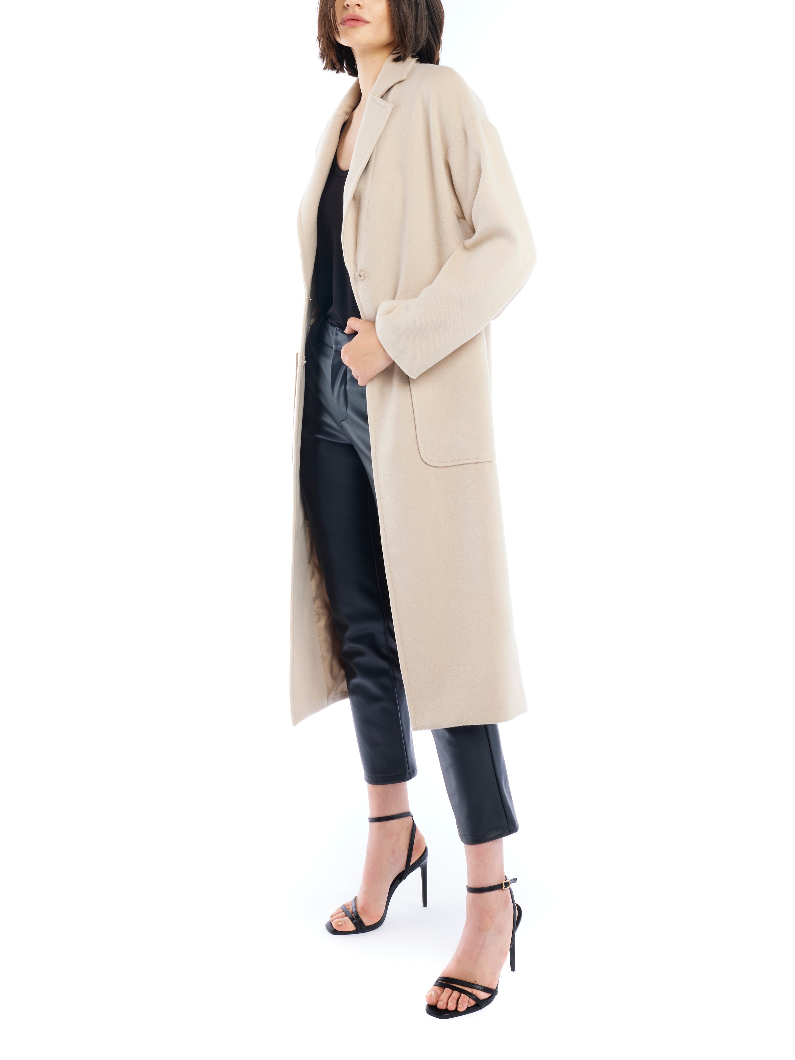 Clifton midi length jacket featuring hidden snap closure and large front pockets in taupe - side
