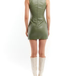 Dio faux leather sleeveless mini dress with a crew neck and figure hugging shape in olive