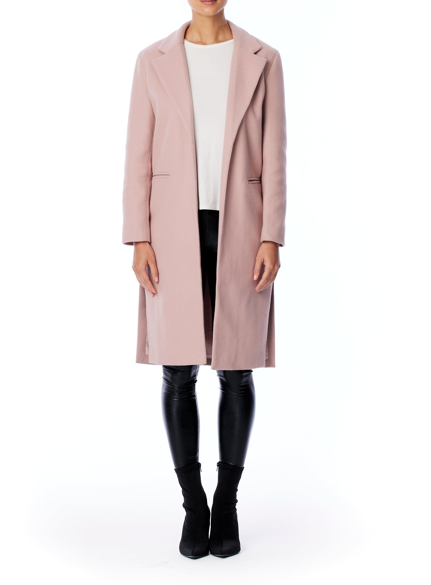 vegan jacket featuring a flattering slim fit, open front, pointed collar and side slits in blush