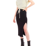 Cropped cable knit, short sleeve sweater with a drawstring, adjustable cinched waist - front view
