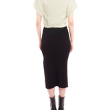 Cropped cable knit, short sleeve sweater with a drawstring, adjustable cinched waist - back view