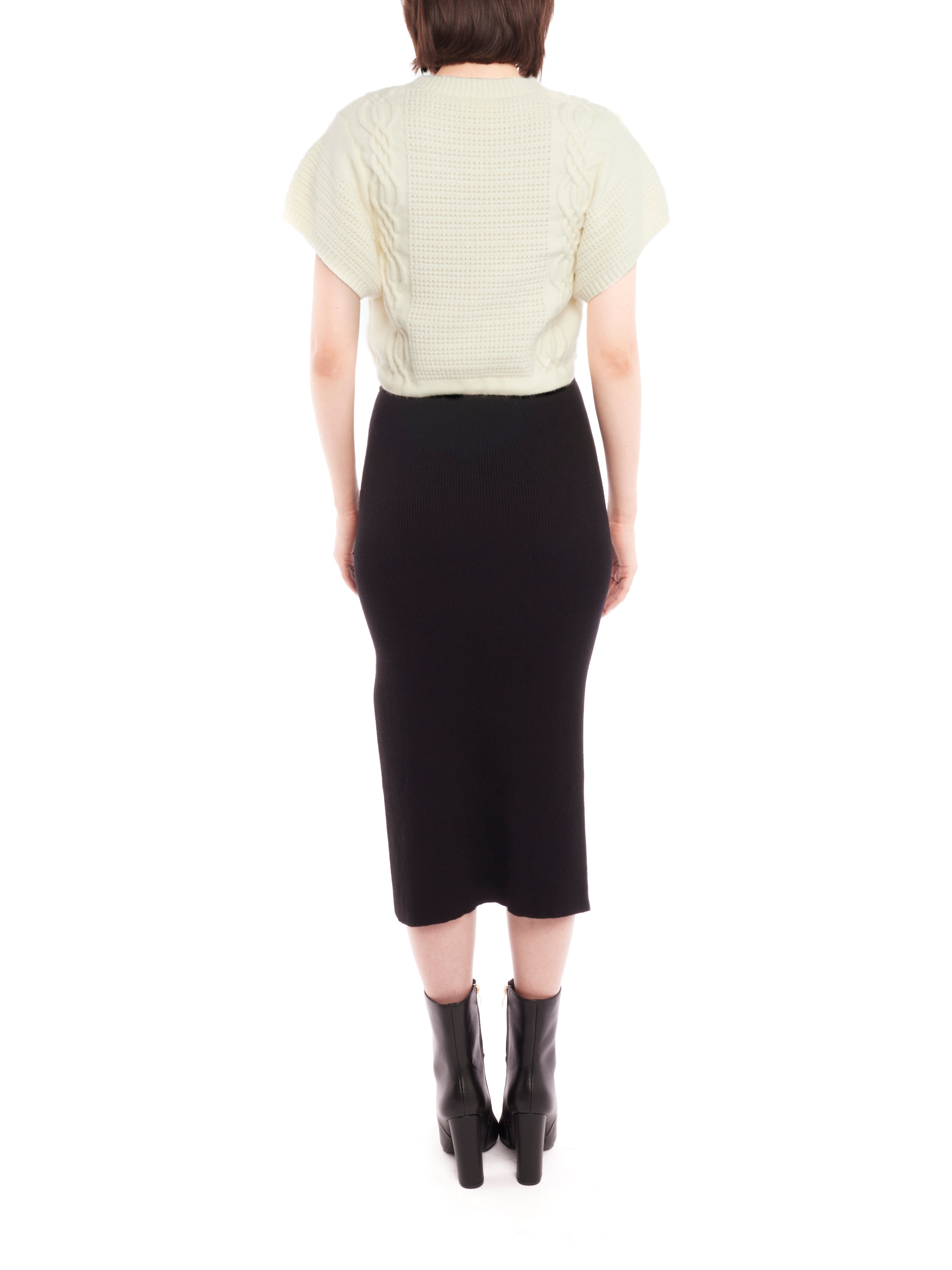 Cropped cable knit, short sleeve sweater with a drawstring, adjustable cinched waist - back view