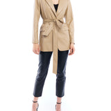 faux leather jacket with a tie waist, collar and pockets - front closed