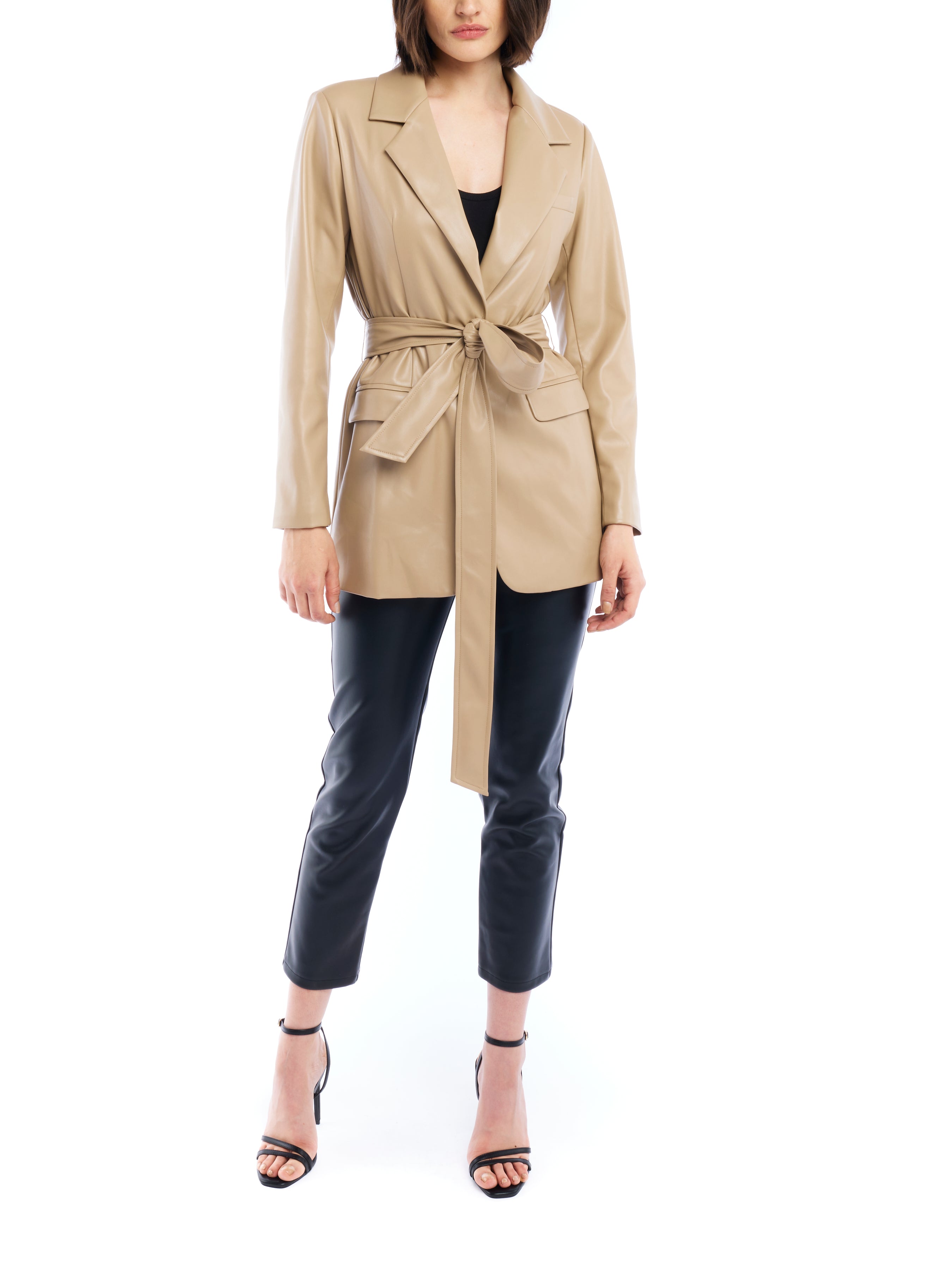 faux leather jacket with a tie waist, collar and pockets - front closed