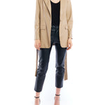 faux leather jacket with a tie waist, collar and pockets - front