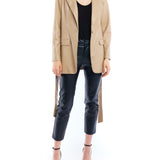 faux leather jacket with a tie waist, collar and pockets - front