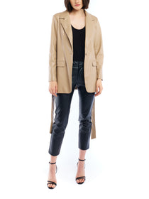 faux leather jacket with a tie waist, collar and pockets - front