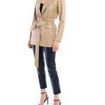 faux leather jacket with a tie waist, collar and pockets - side closed