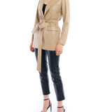 faux leather jacket with a tie waist, collar and pockets - side closed
