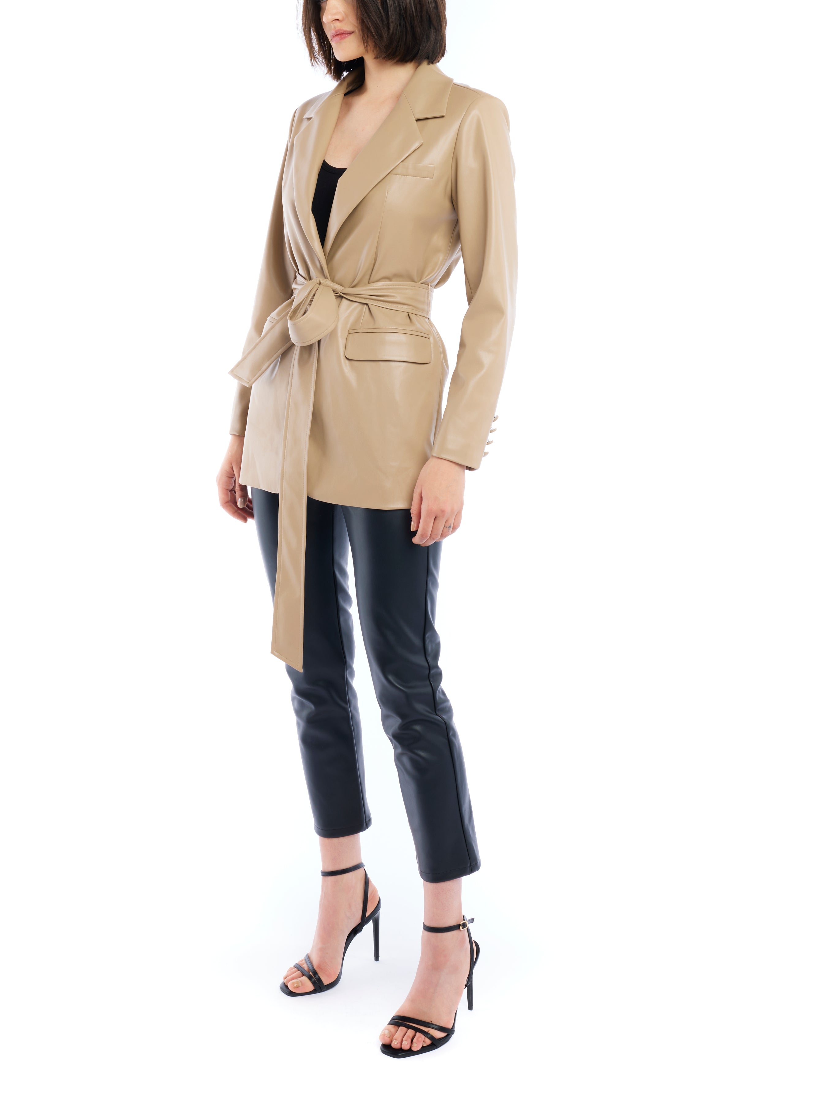 faux leather jacket with a tie waist, collar and pockets - side closed