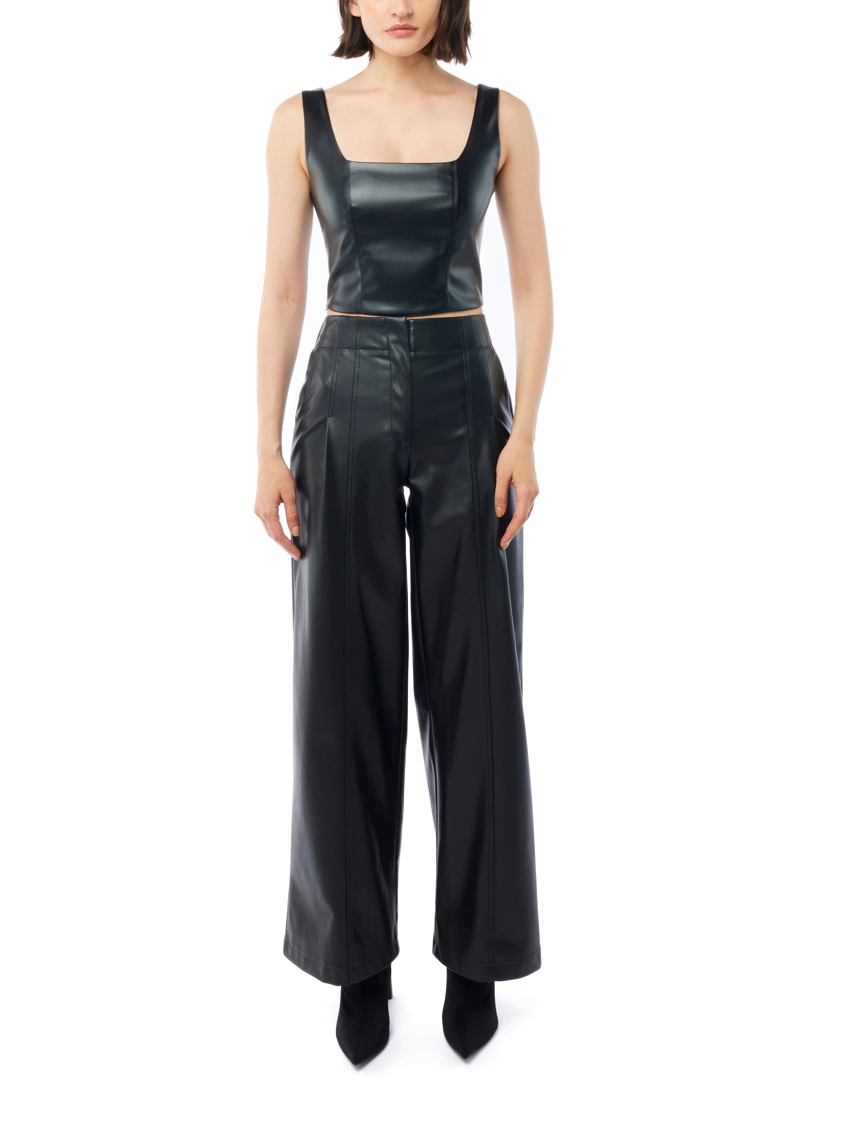 high-rise, faux leather wide leg pants with a pleated front and pockets in black