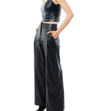 high-rise, faux leather wide leg pants with a pleated front and pockets in black