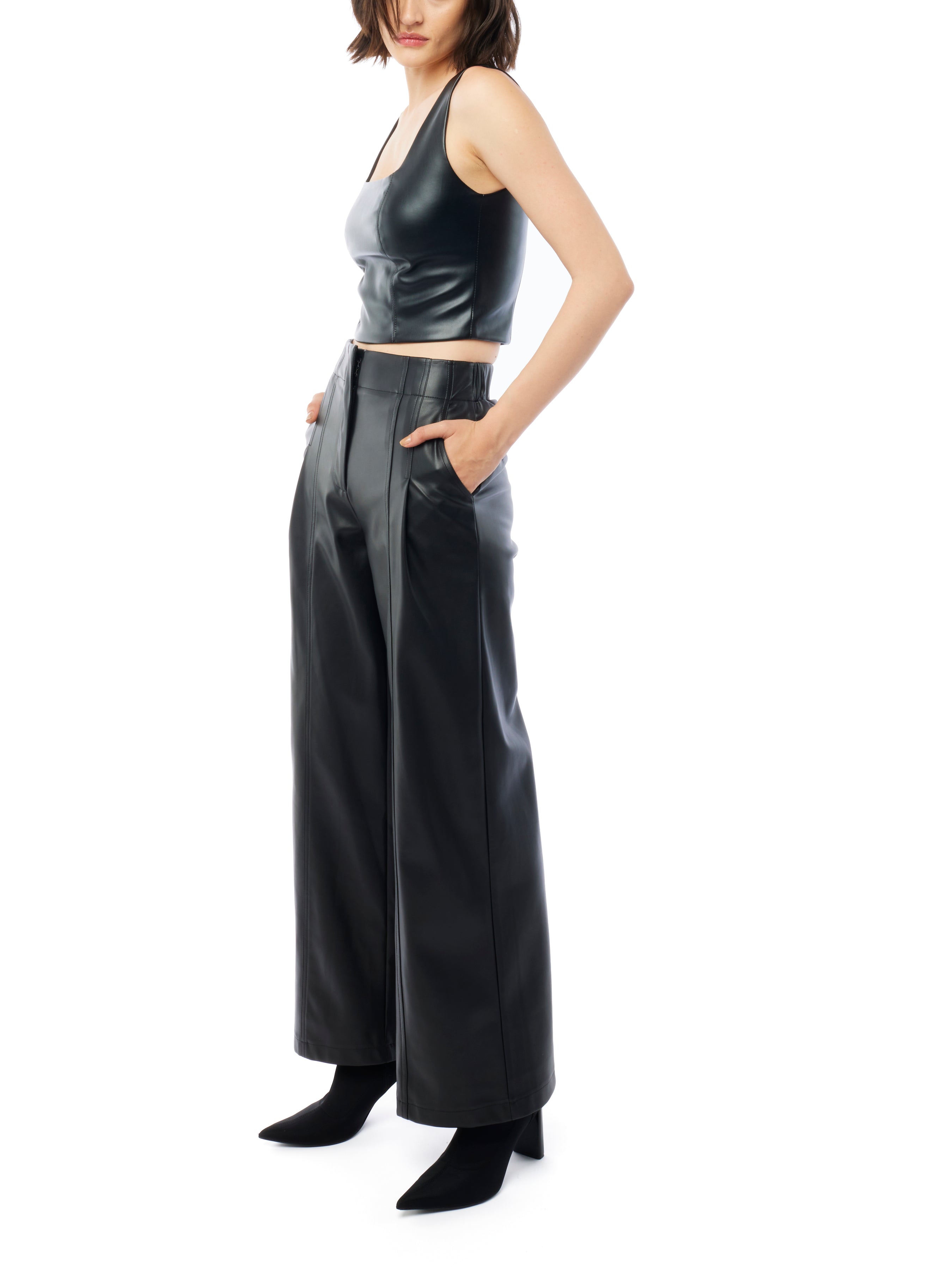 high-rise, faux leather wide leg pants with a pleated front and pockets in black