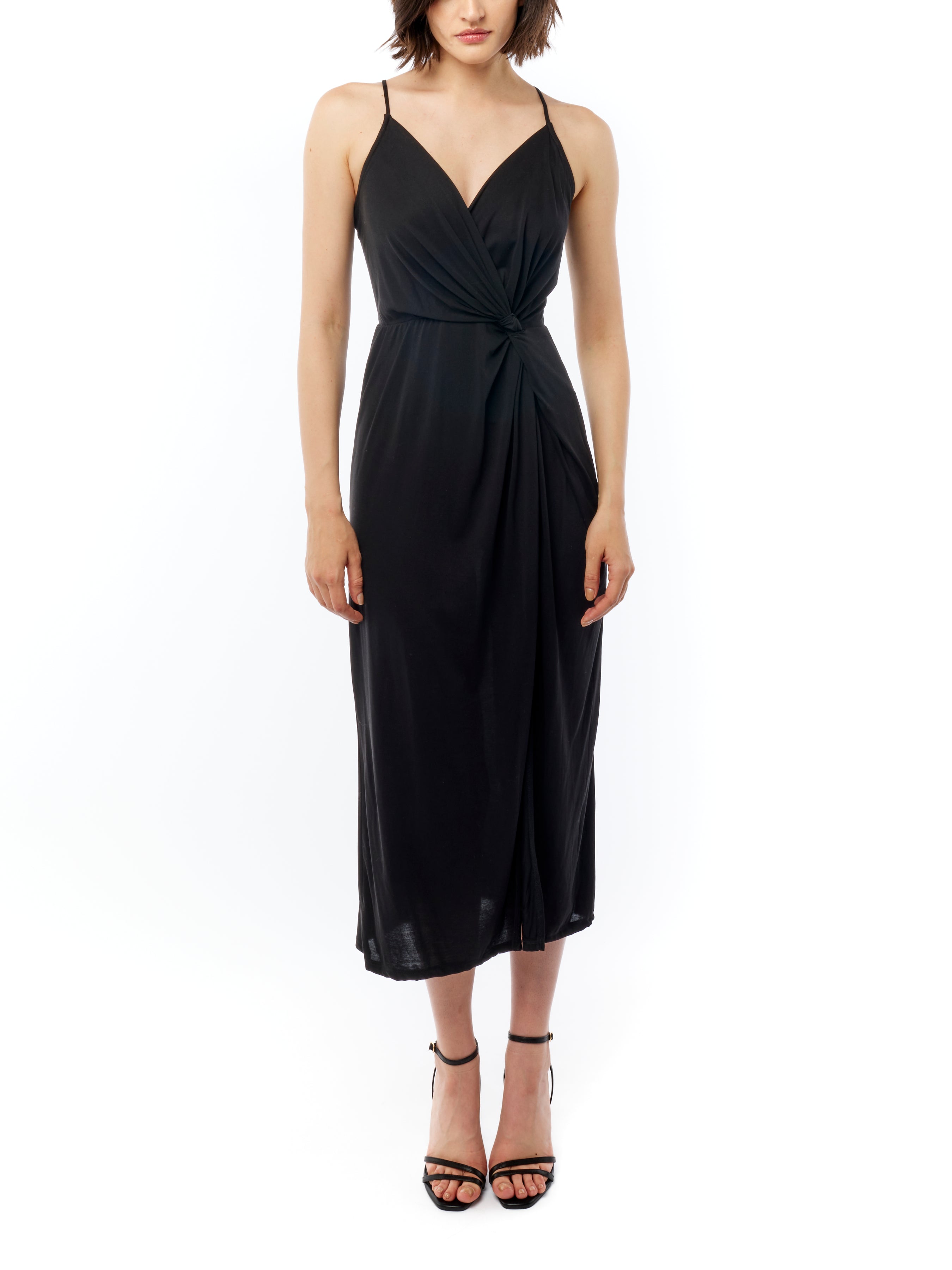 midi dress with a surplice top, gathered twist front, adjustable spaghetti straps and side slit in black