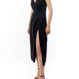 midi dress with a surplice top, gathered twist front, adjustable spaghetti straps and side slit in black