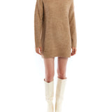 turtleneck sweater dress featuring long sleeves, a mini length, ribbed hem and cuffs and a drop shoulder seam in coco