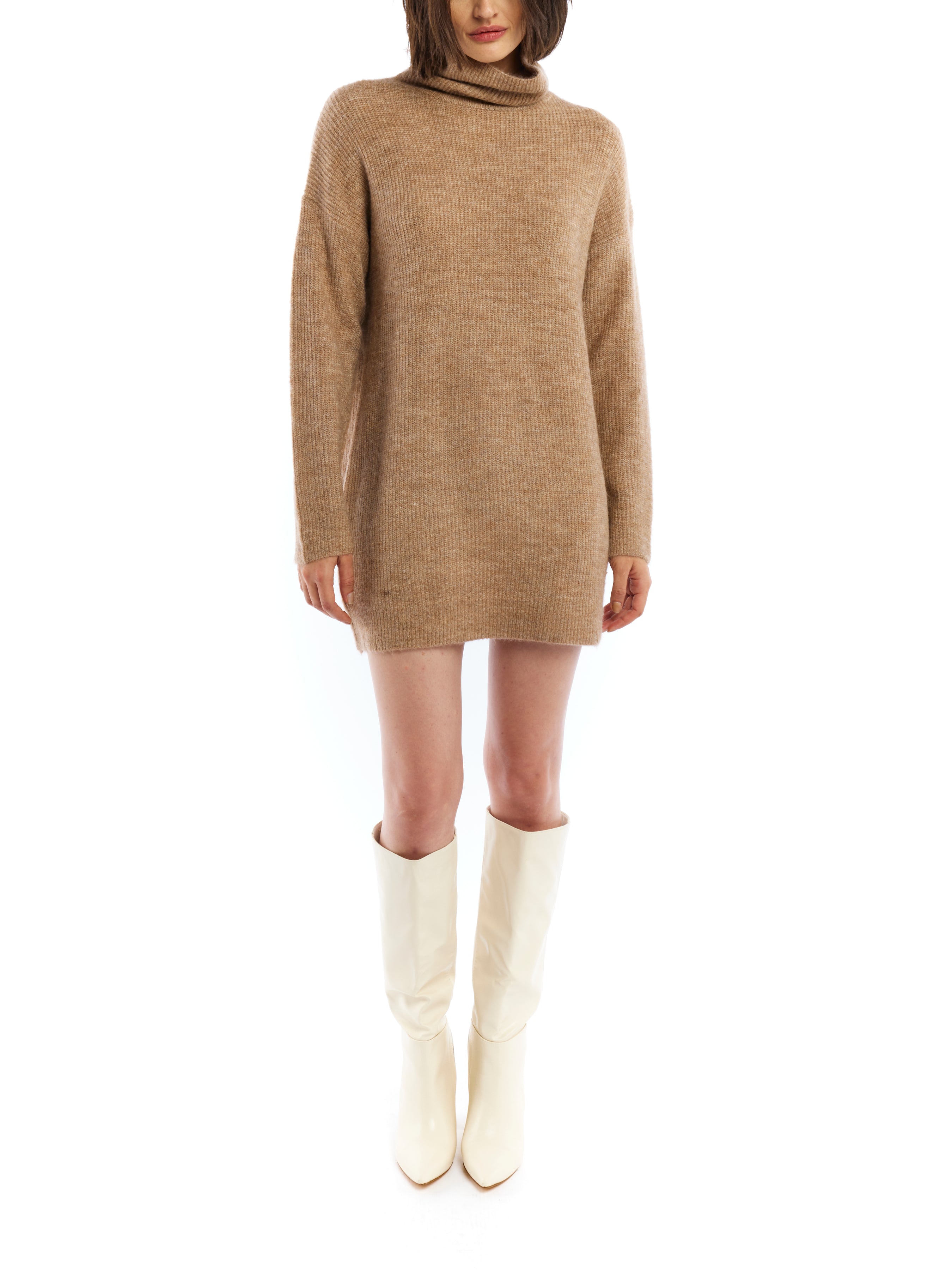 turtleneck sweater dress featuring long sleeves, a mini length, ribbed hem and cuffs and a drop shoulder seam in coco