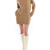 turtleneck sweater dress featuring long sleeves, a mini length, ribbed hem and cuffs and a drop shoulder seam in coco