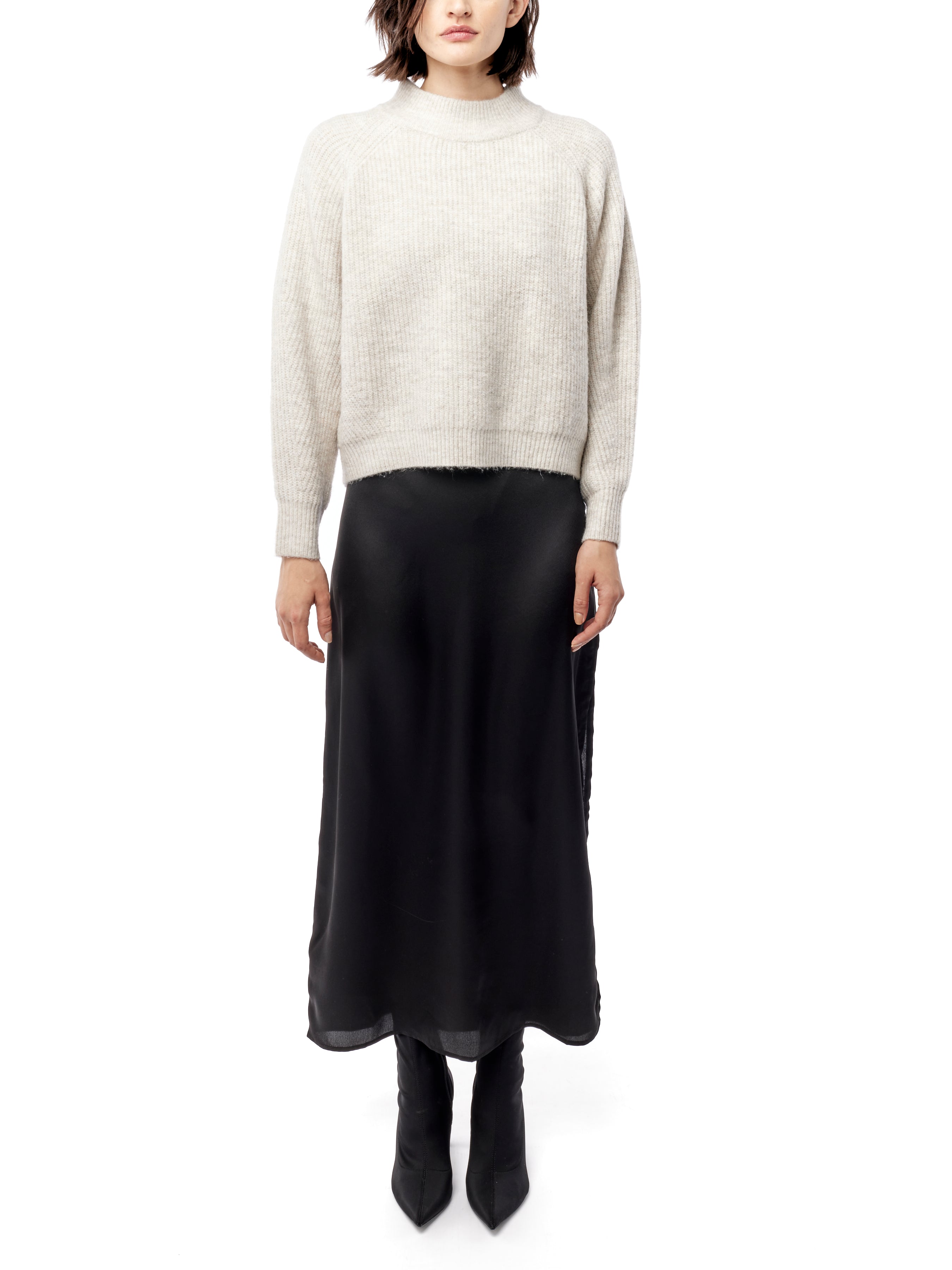 mock turtleneck sweater with stitch detailing, long sleeves and an easy, relaxed fit in oatmeal heather
