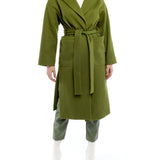 tie front midi length jacket is made with soft faux wool, detachable tie belt and deep front pockets in army green