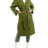 tie front midi length jacket is made with soft faux wool, detachable tie belt and deep front pockets in army green