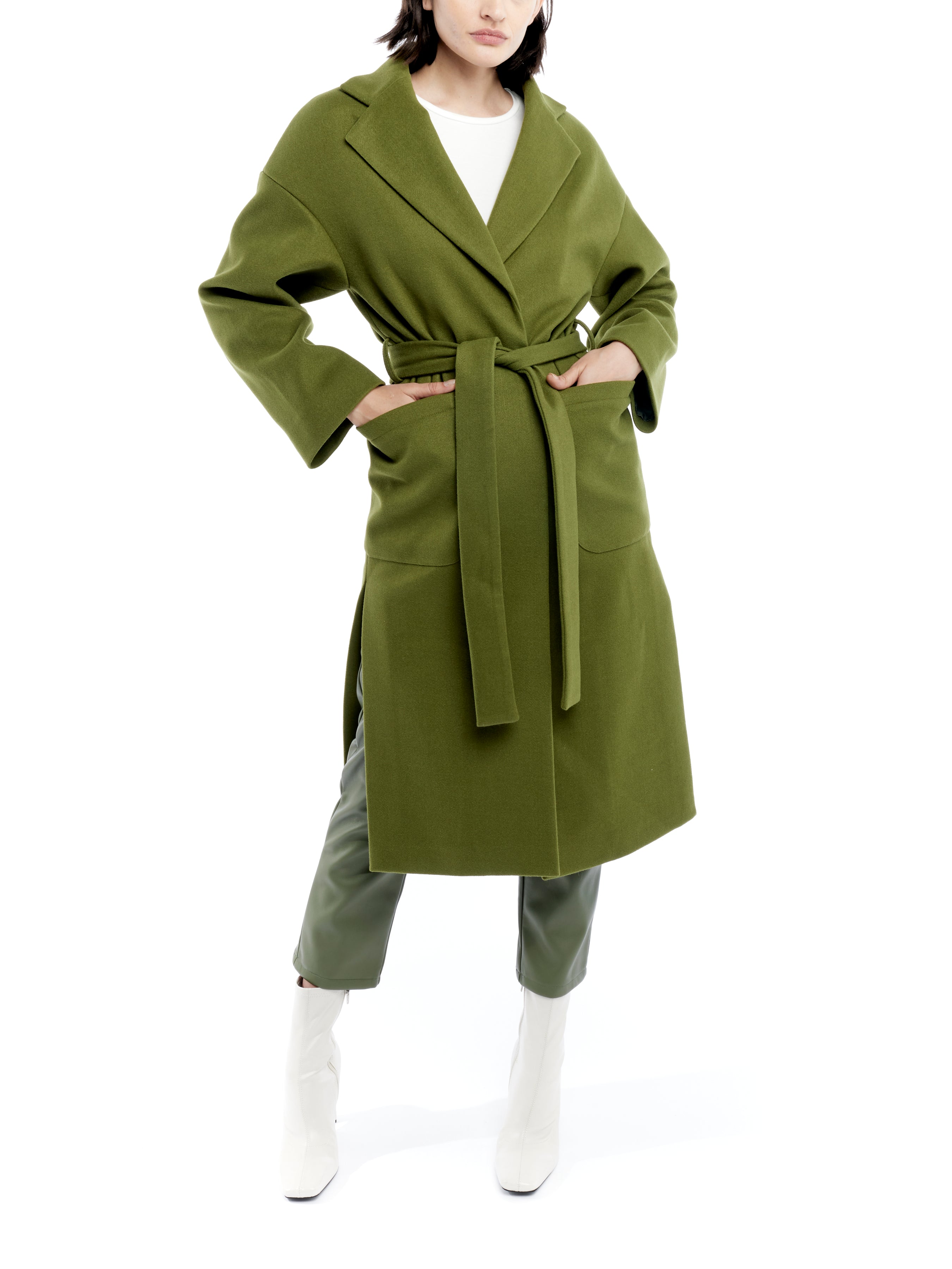 tie front midi length jacket is made with soft faux wool, detachable tie belt and deep front pockets in army green