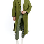 tie front midi length jacket is made with soft faux wool, detachable tie belt and deep front pockets in army green