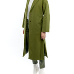 tie front midi length jacket is made with soft faux wool, detachable tie belt and deep front pockets in army green