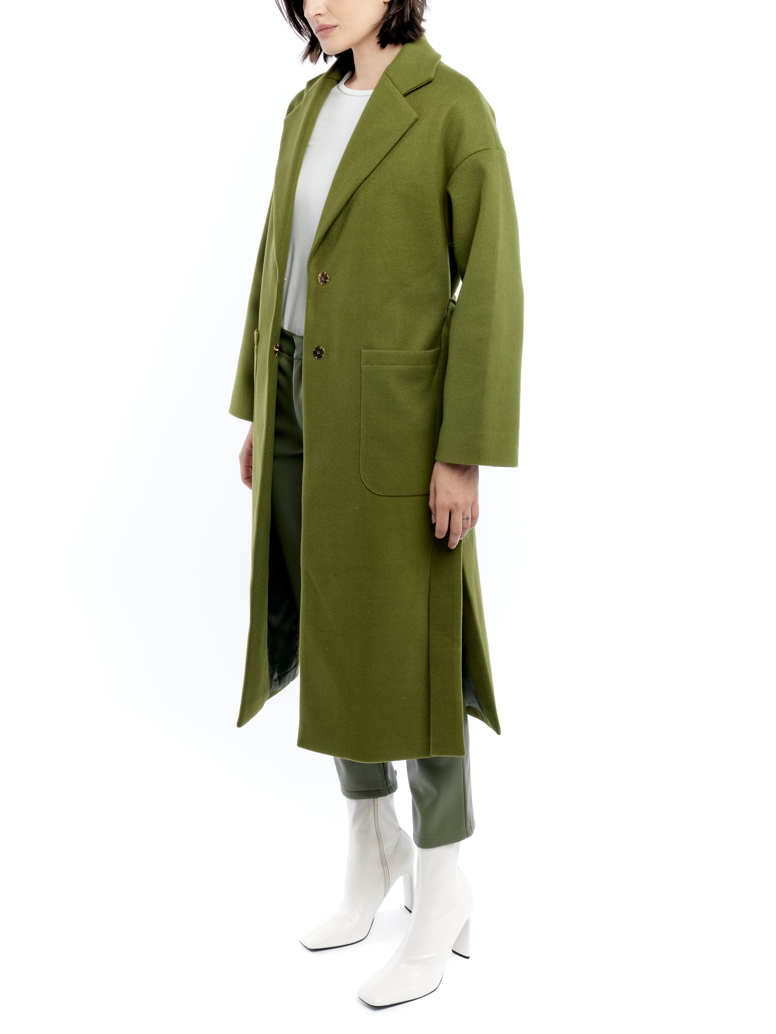 tie front midi length jacket is made with soft faux wool, detachable tie belt and deep front pockets in army green