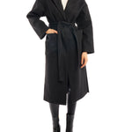 tie front midi length jacket is made with soft faux wool, detachable tie belt and deep front pockets in black