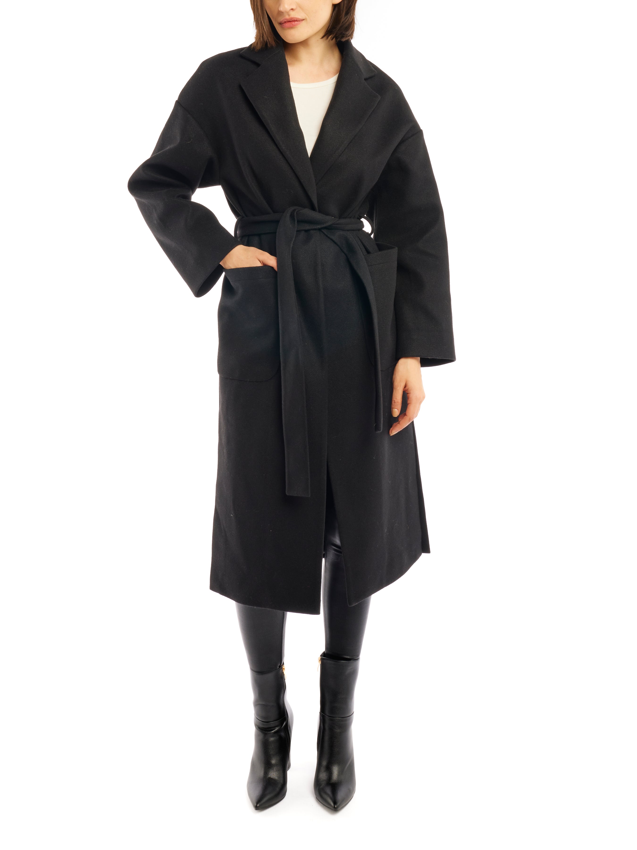 tie front midi length jacket is made with soft faux wool, detachable tie belt and deep front pockets in black