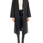 tie front midi length jacket is made with soft faux wool, detachable tie belt and deep front pockets in black
