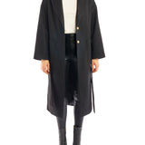 tie front midi length jacket is made with soft faux wool, detachable tie belt and deep front pockets in black