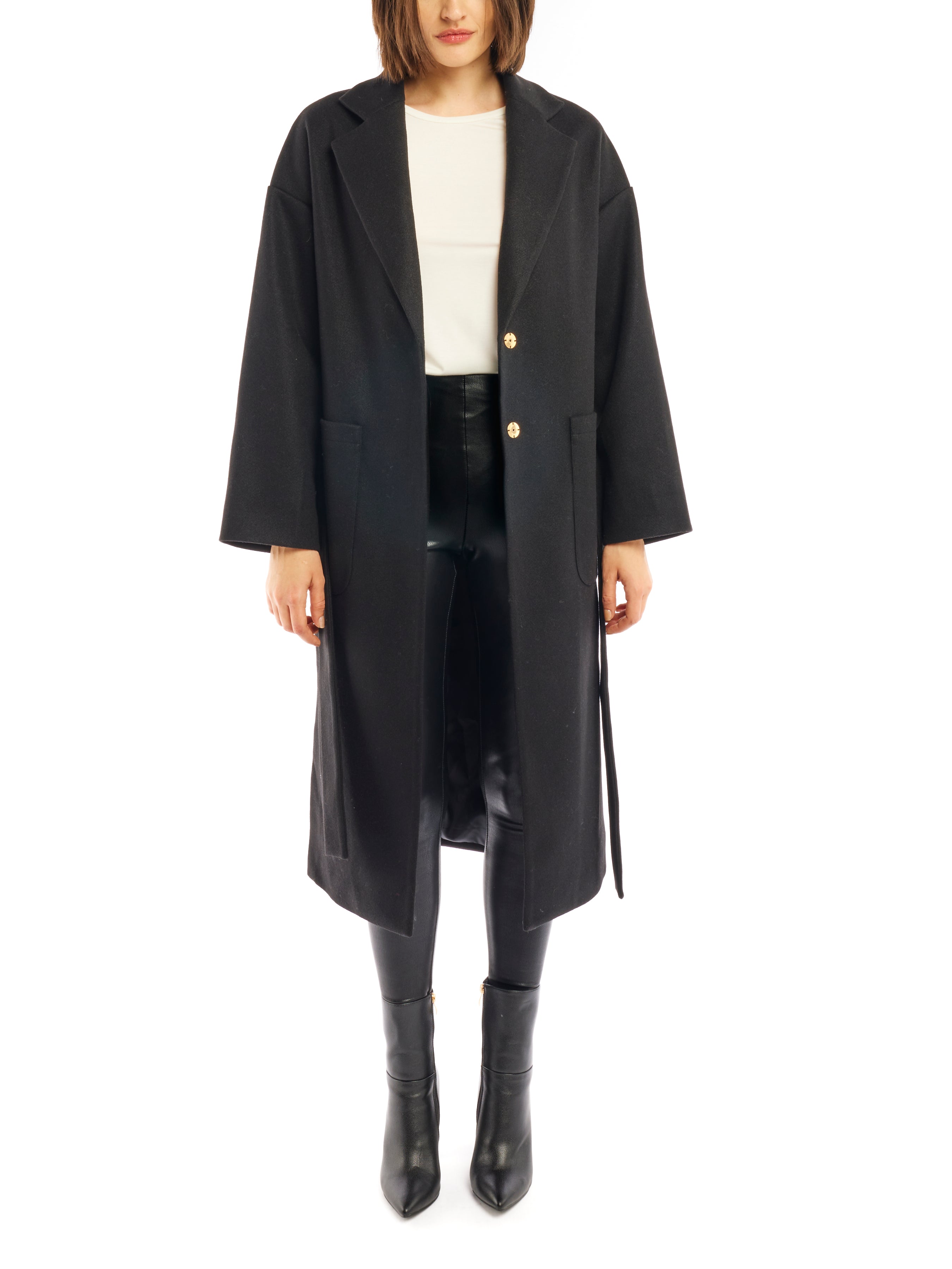 tie front midi length jacket is made with soft faux wool, detachable tie belt and deep front pockets in black