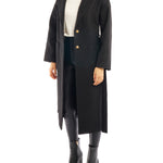 tie front midi length jacket is made with soft faux wool, detachable tie belt and deep front pockets in black