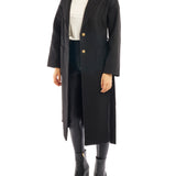 tie front midi length jacket is made with soft faux wool, detachable tie belt and deep front pockets in black