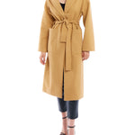 tie front midi length jacket is made with soft faux wool, detachable tie belt and deep front pockets in camel