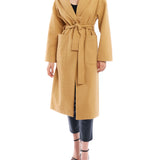 tie front midi length jacket is made with soft faux wool, detachable tie belt and deep front pockets in camel