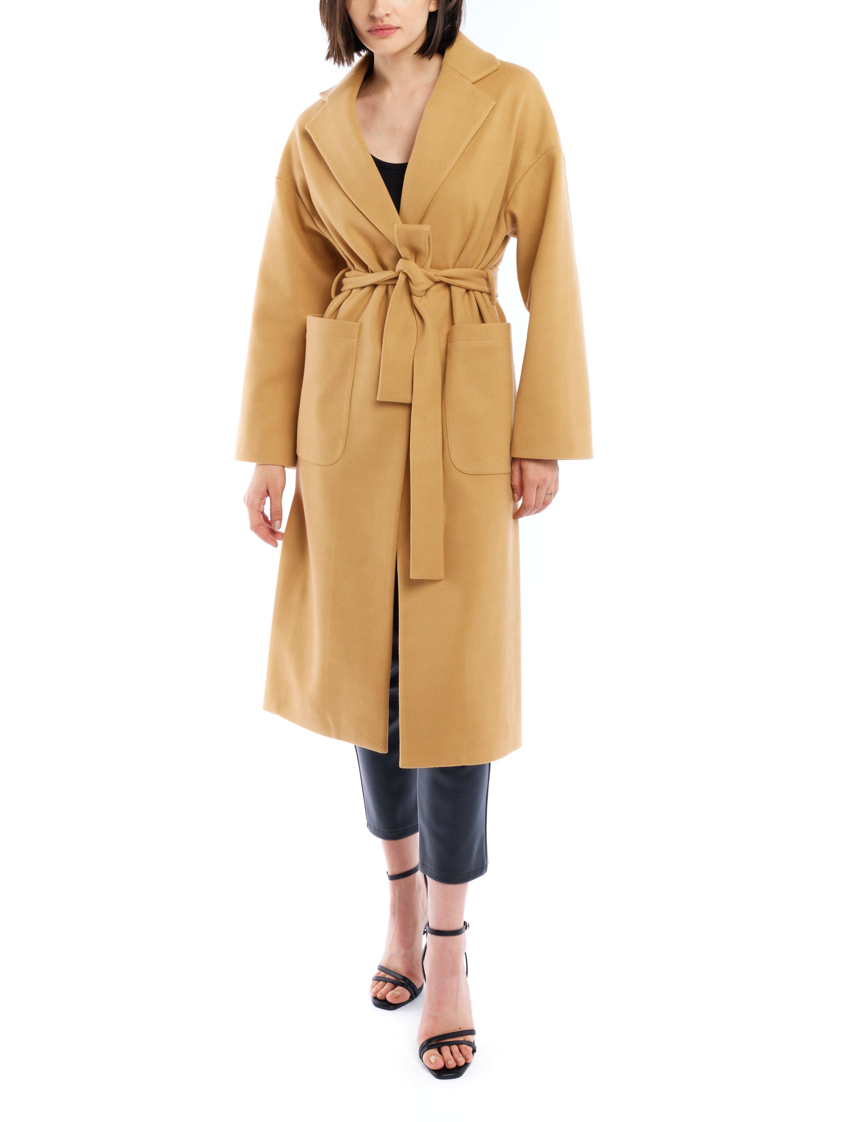 tie front midi length jacket is made with soft faux wool, detachable tie belt and deep front pockets in camel