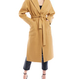 tie front midi length jacket is made with soft faux wool, detachable tie belt and deep front pockets in camel