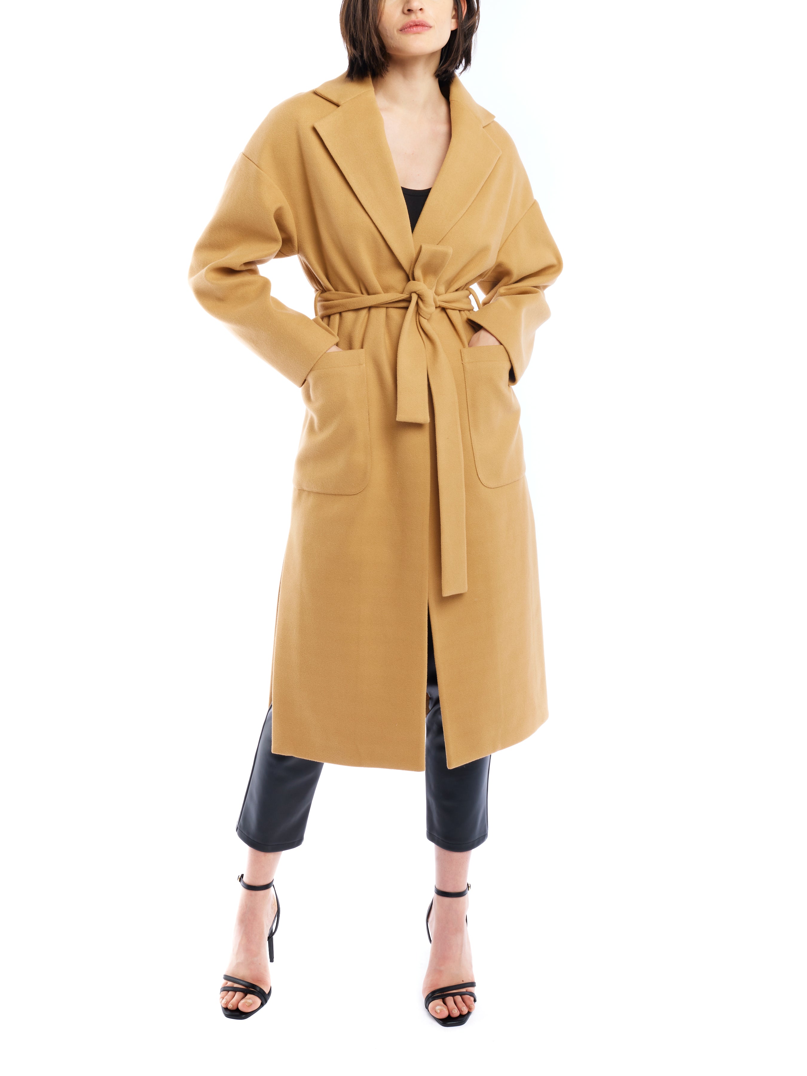 tie front midi length jacket is made with soft faux wool, detachable tie belt and deep front pockets in camel